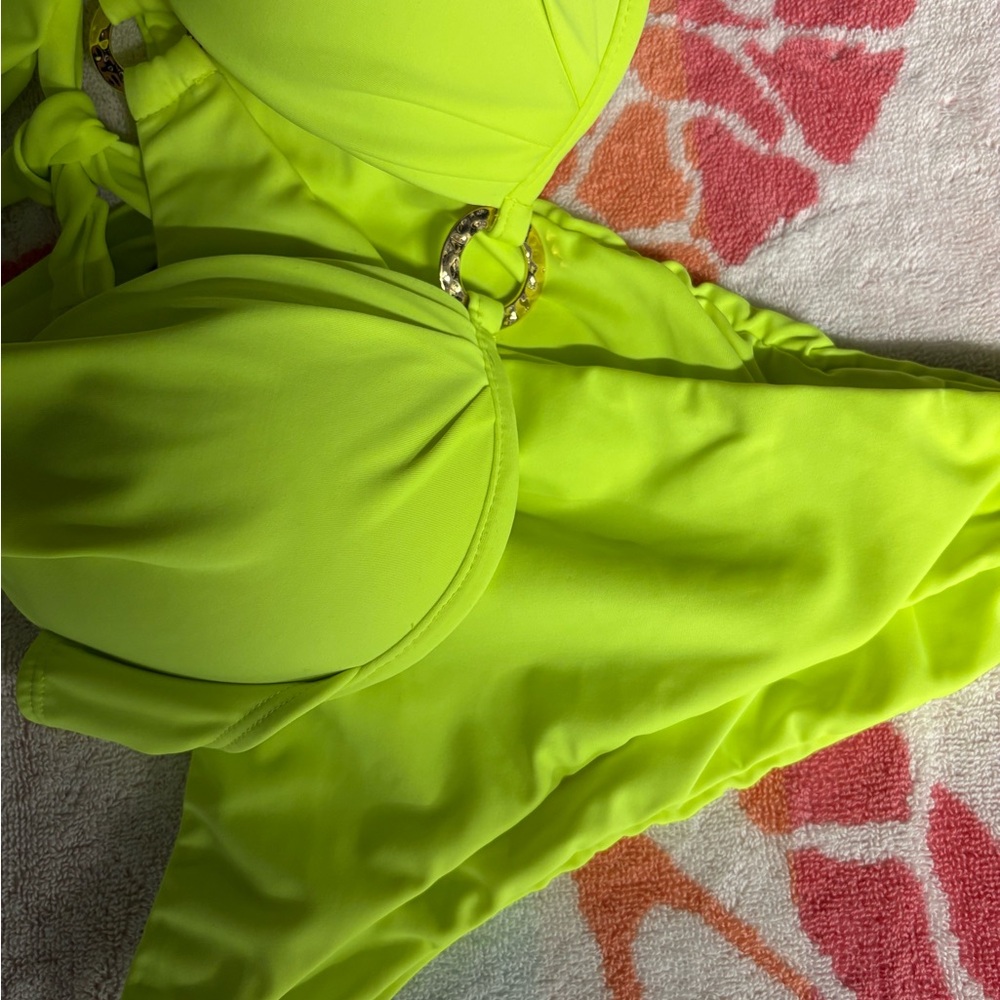 Neon Lime Halter Bikini Top & Bottoms with decorative rings | Made in Peru